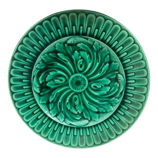 French Green Majolica Plate Salins, Circa 1890 For Sale