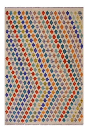 Contemporary Ivory/Rust Hand-Woven Kilim Wool Rug - 4'11 X 6'8