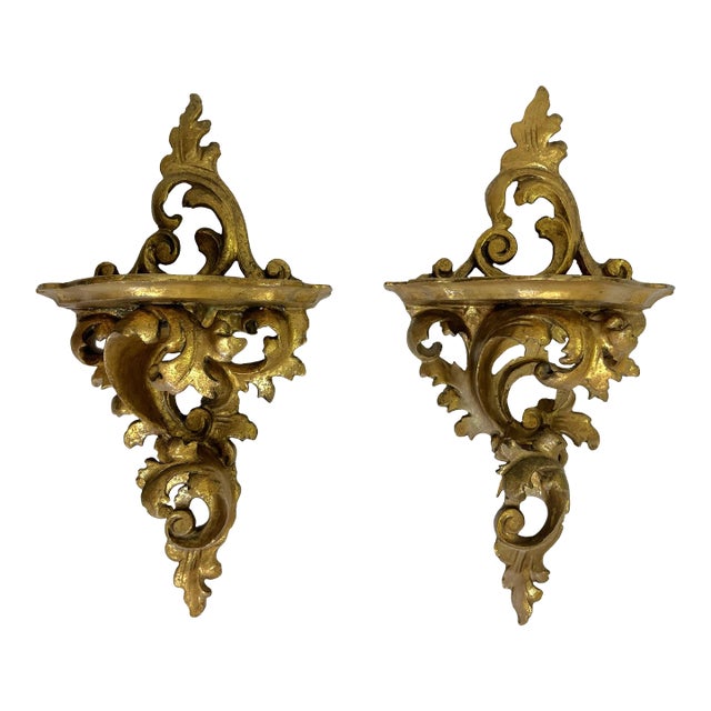 Vintage Italian Rococo Style Gilt Carved Wood Wall Brackets- a Pair For Sale