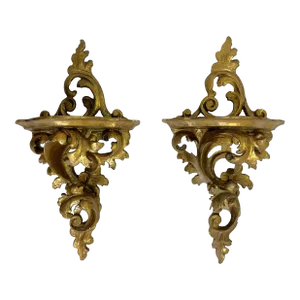 Vintage Italian Rococo Style Gilt Carved Wood Wall Brackets- a Pair