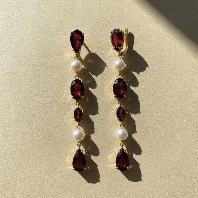 Garnet & Pearl Drop Multi-Shape Earrings, Silver, Gold, Pair For Sale - Image 10 of 10