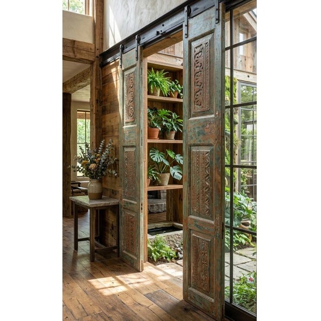 Mid-Century Modern Antique Rustic Hand-Carved Floral Double Doors – Rustic Wood French Doors 80x32 For Sale - Image 3 of 3