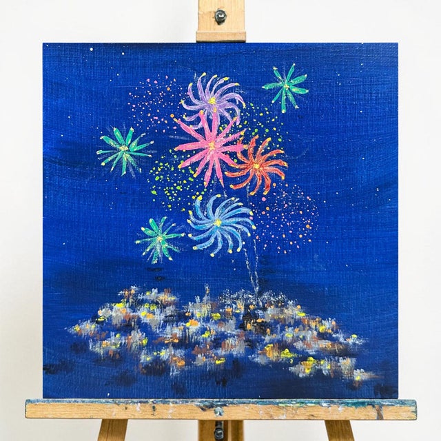 This original acrylic painting titled "Celebration" captures a vibrant fireworks display over a glowing cityscape. This...