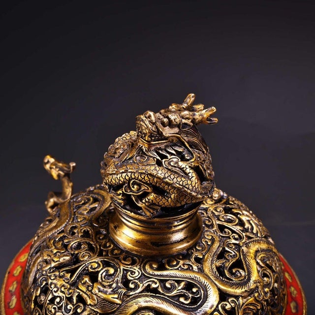 Vintage Cloisonne Enamel Incense Burner – 8.7" Gilt Tripod Censer With Dragon Lid For Sale - Image 9 of 10