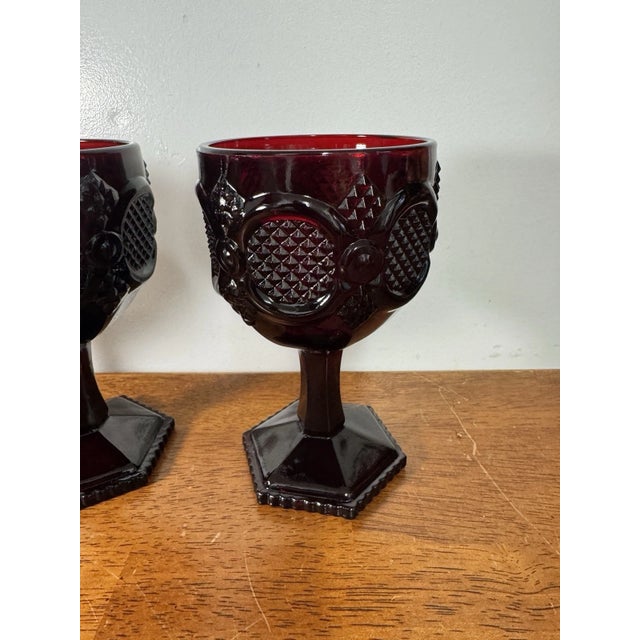 Vintage Ruby Red Pressed Glass Goblets Diamond Pattern Pedestal Stemwar - Set of 3 For Sale - Image 15 of 18