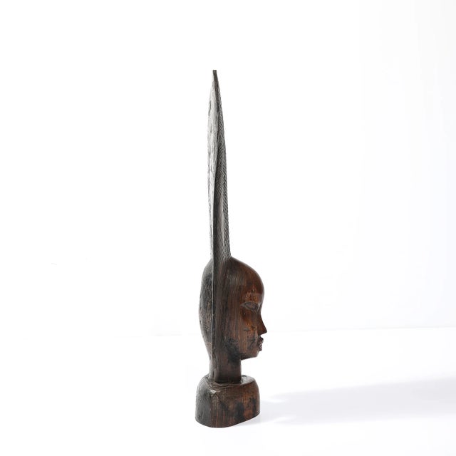 Ebony Mid-Century Carved Female Bust in Ebony Hardwood W/ Herringbone Pattern For Sale - Image 8 of 12