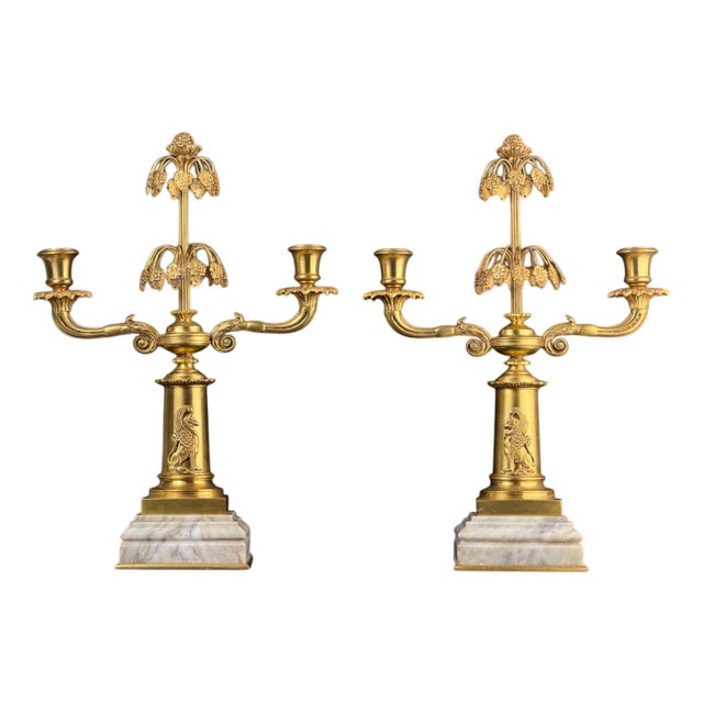 Antique French Gilt Bronze Candelabras with Marble Bases, 1890s, Set of 2 For Sale
