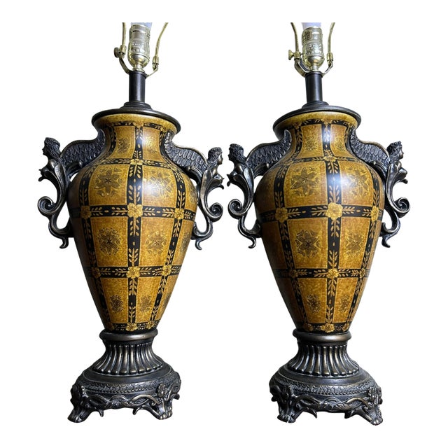 Vintage Neoclassical-Style Figural Urn Table Lamps With Winged Figures - Pair For Sale