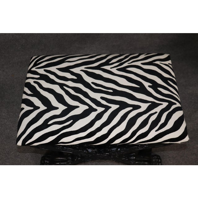 Black Pair Ebonized Carved French Maison Jansen Style Zebra Print Upholstered Stools For Sale - Image 8 of 12