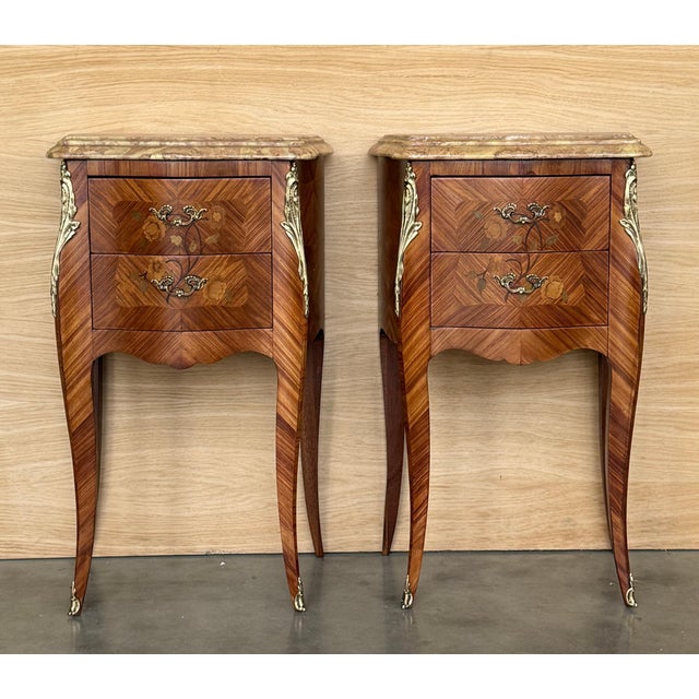 Pair Antique French Louis XV Marquetry Marble Top Nightstands with Two Drawers For Sale - Image 18 of 18