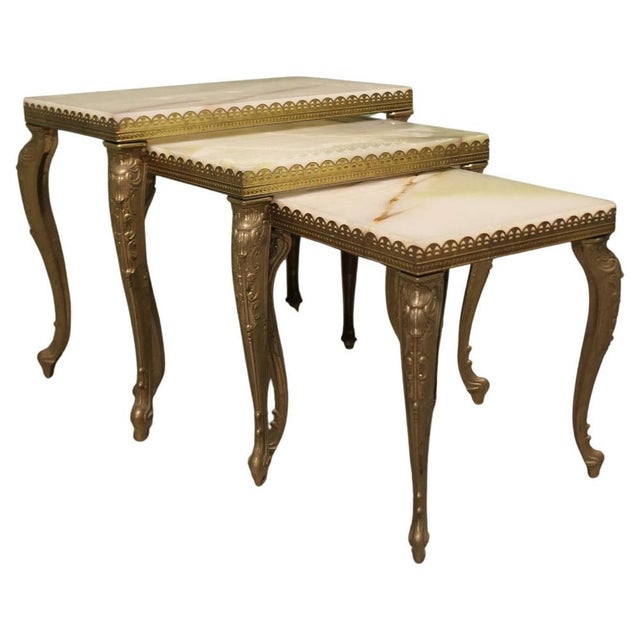 Gold Brass Nesting Tables with Marble Tops, 1920, Set of 3 For Sale - Image 8 of 8