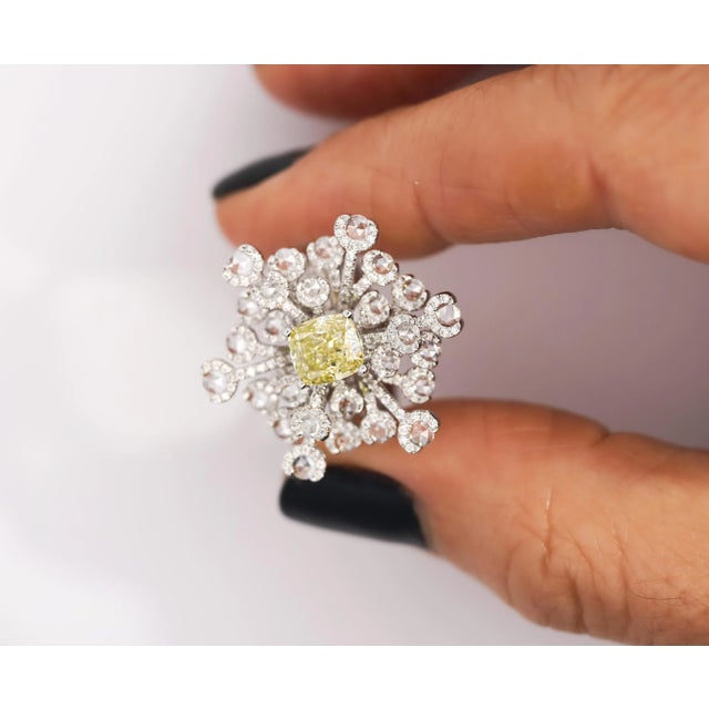 Metal Gia Certified 1.52 Carat Fancy Greenish Yellow Diamond Briolette Snowflake Ring Size 6.5 For Sale - Image 7 of 8