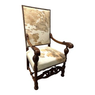 Antique French Baroque Carved Wood Animal Hide Throne Chair For Sale