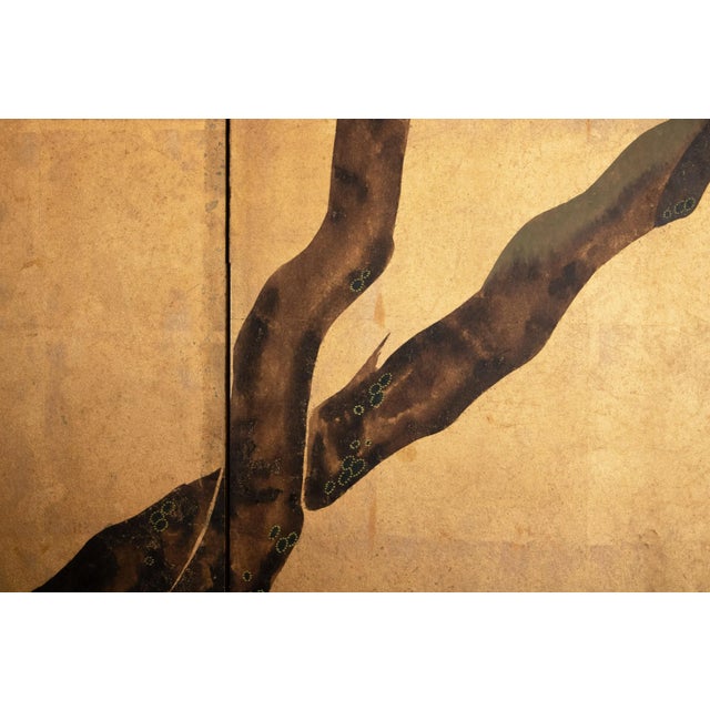 Goldenrod C. 1970s Chinese Six-Panel Gold Leaf Style Painted Screen "Blossoming Plum Tree" For Sale - Image 8 of 14