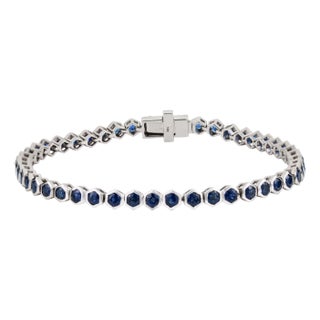 Geometric 5.54 Carat Blue Sapphire Hexagon Tennis Bracelet in 14k White Gold For Sale