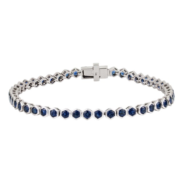 Geometric 5.54 Carat Blue Sapphire Hexagon Tennis Bracelet in 14k White Gold For Sale