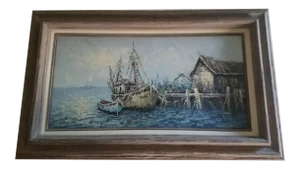 Seascape Oil on Canvas Painting With Distressed Barn Wood Frame Signed by Florence