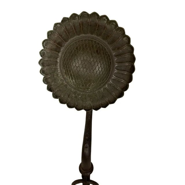 1970s 20th Century Oversized Hand Forged Black Wrought Iron Sunflower Andirons - A Pair For Sale - Image 5 of 10