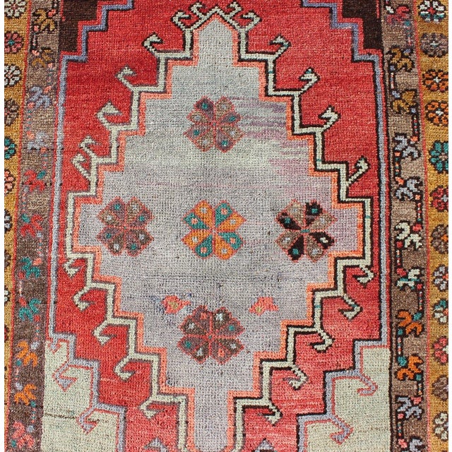 Mid 20th Century Vintage Turkish Oushak Runner With Sub-Geometric Tribal Medallions in Brown, Red For Sale - Image 5 of 8