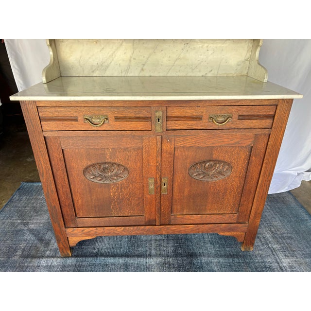French Antique Oak Washstand / Vanity With a Marble Top, Oval Beveled Mirror, and Floral Carvings For Sale - Image 10 of 12