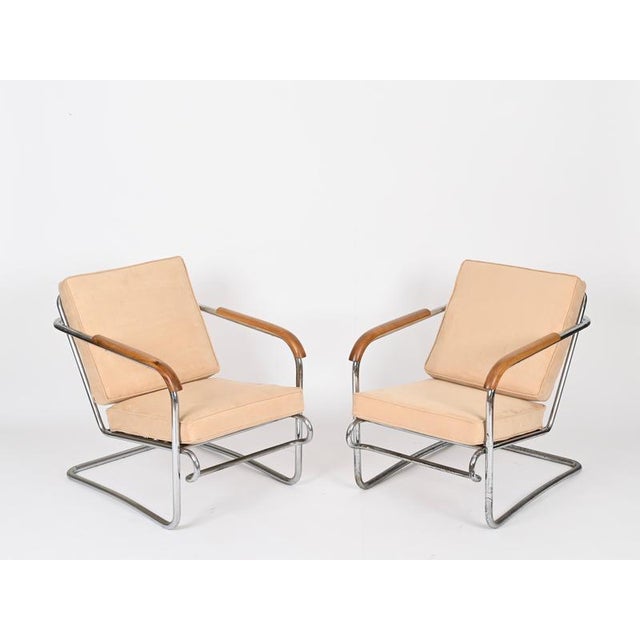 Tubular Chrome and Walnut Armchairs with Suede Upholstery, 1940s, Set of 2 For Sale - Image 10 of 18