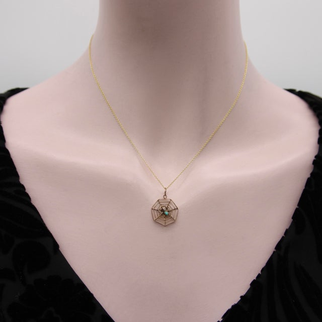 Late 19th Century 9k Gold Victorian Spider Pendant With Turquoise and Pearl For Sale In Los Angeles - Image 6 of 7