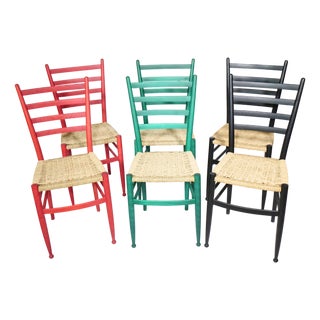 Mid-Century Wooden Chairs with Wicker Seats, Italy, 1970s, Set of 6 For Sale