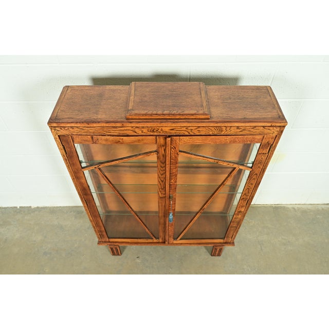 Antique English Art Deco Carved Oak Bookcase or Display Cabinet, Circa 1920s For Sale - Image 9 of 12