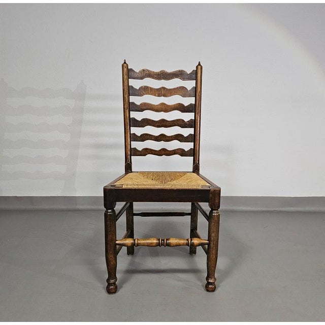 Wood Rustic Oak Farmhouse Ladderback Dining Chairs with Rush Seats, 1960s, Set of 4 For Sale - Image 7 of 18