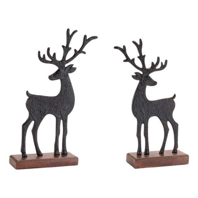 Metal Deer Figurines on Wood Base (Set of 2) For Sale