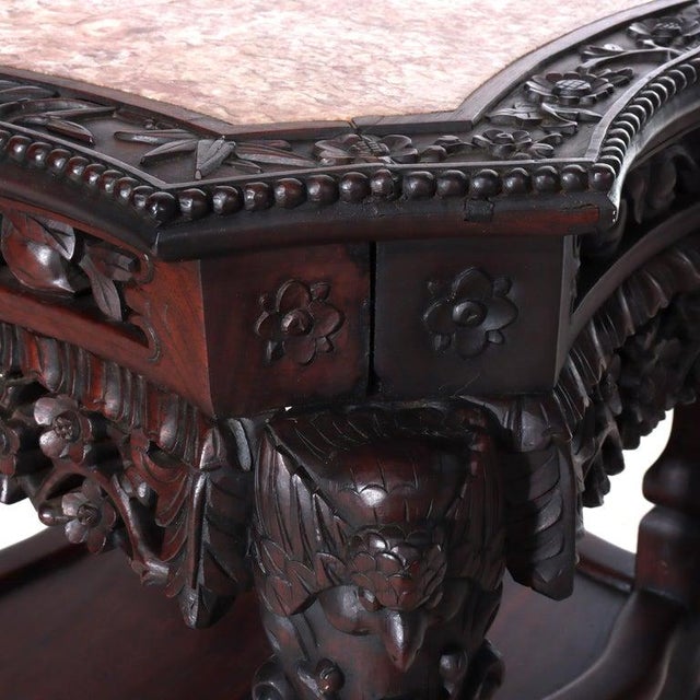 Antique Chinese Floral & Figural Carved Rosewood Rouge Marble Top Stand C1920 For Sale - Image 12 of 12