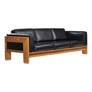 Vintage 1978 Tobia Scarpa for Knoll Bastiano Oak Black Leather Sofa For Sale