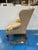 Stylish Ethan Allen Vintage Leather Wing Chair. Sand/Light Camel color leather, wood legs with nailheads around body....