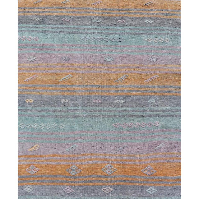 Mid 20th Century Vintage Turkish Kilim Runner With Blue, Orange, and Soft Lavender Stripes For Sale - Image 5 of 11
