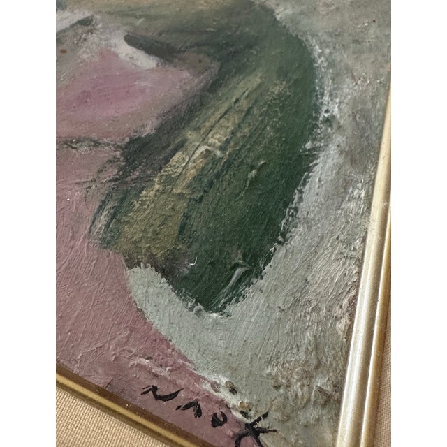 A beautifully expressive Japanese modernist oil painting titled Bird and Girl (鳥と少女), signed “Naoko” and presented in its...