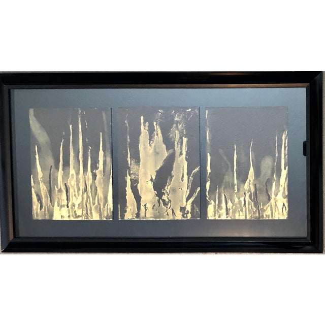 Modern Moshe Gershuni, Triptych Israeli Modernist Abstract Gold Paint Prints Bezalel Artist Gershuni, 1994 For Sale - Image 3 of 7