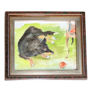 1970’s Vintage Dog With Ball Original Watercolor Painting Vintage Tabletop Frame For Sale