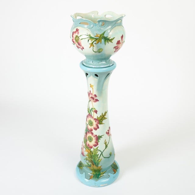 French Art Nouveau Floral-Decorated Majolica Jardiniere With Tall Pedestal For Sale - Image 13 of 13