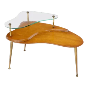 Kidney Comma Shape Two Tier Glass Walnut & Brass Conical Leg Coffee Side Table