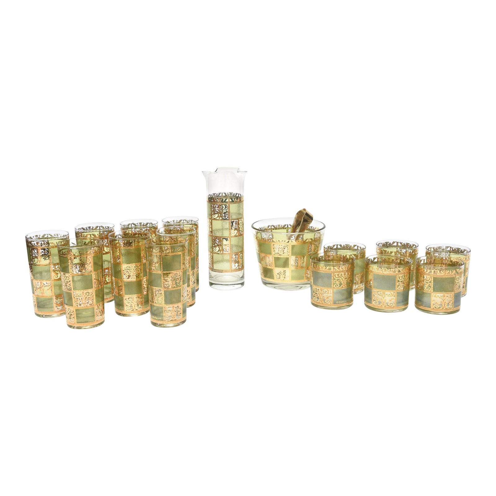 Culver MidCentury Modern Glass and Gold Painted Barware Set of 16