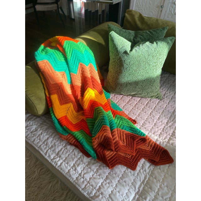 Mid-Century Modern Vintage 1970s Multicolor Chevron Crocheted Throw Blanket For Sale - Image 3 of 7
