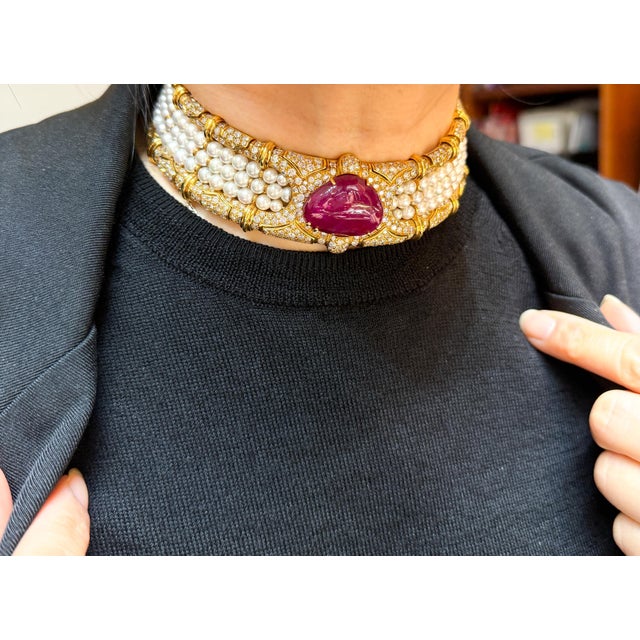 Metal Vintage 45 Carat No Heat Ruby, Diamond, and Pearl Cuff Choker Necklace For Sale - Image 7 of 9