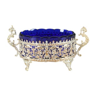 Silvered Serving Bowl with Blue Glass Insert, 1920s For Sale