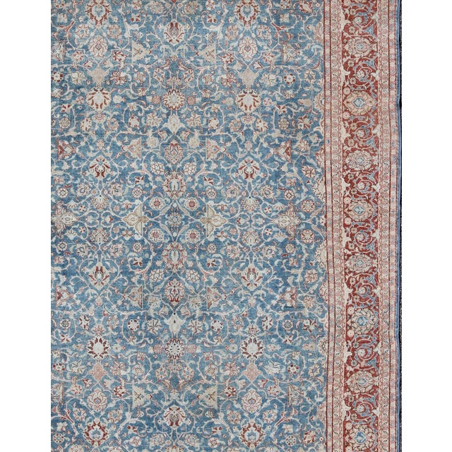 Measures: 8'3 x 11'8. Antique Persian Malayer Rug with Floral Lattice Design in Sky Blue and Soft Red. Keivan Woven Arts /...