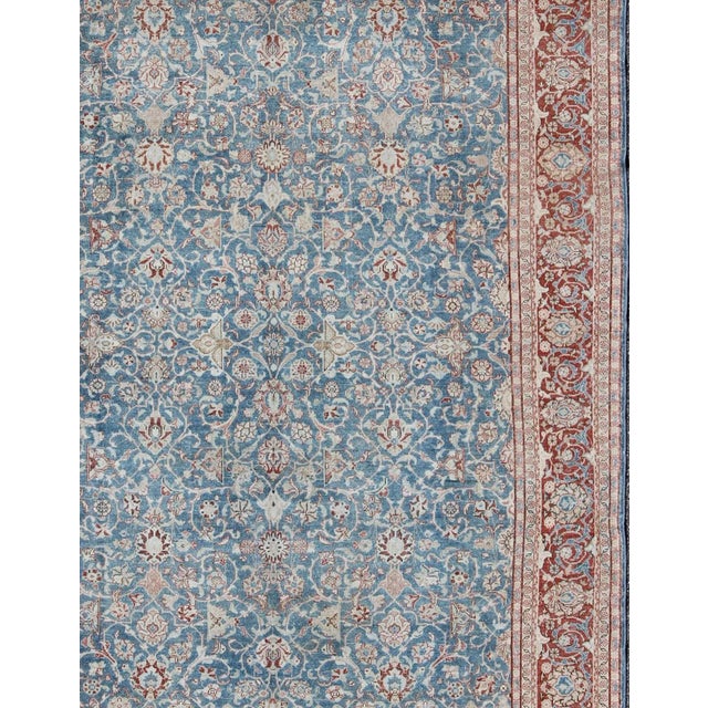 Measures: 8'3 x 11'8. Antique Persian Malayer Rug with Floral Lattice Design in Sky Blue and Soft Red. Keivan Woven Arts /...