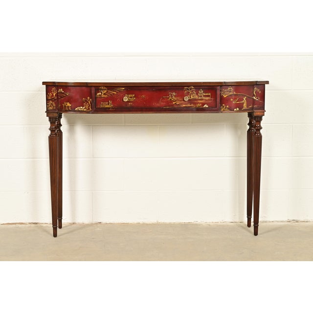 Chinoiserie Maitland Smith English Regency Chinoiserie Hand-Painted Red Lacquered Console Table For Sale - Image 3 of 14