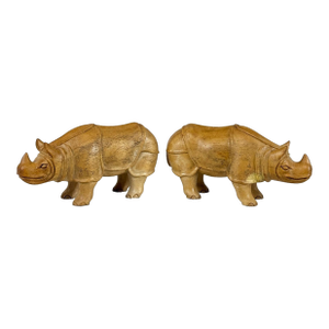 Vintage Teak African Rhino Carved Sculpture - A Pair