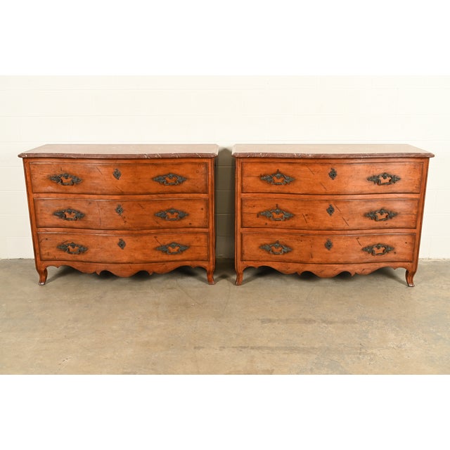 French Provincial Ralph Lauren French Provincial Louis XV Carved Walnut Marble Top Commodes or Chests of Drawers, Pair For Sale - Image 3 of 16