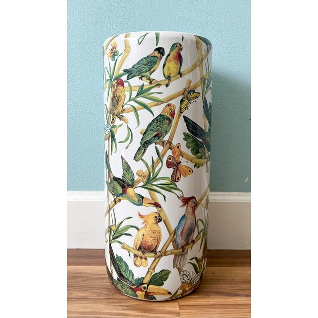 Ceramic Vintage Tropical Birds & Butterflies Ceramic Umbrella Stand – Hollywood Regency / Chinoiserie For Sale - Image 7 of 14