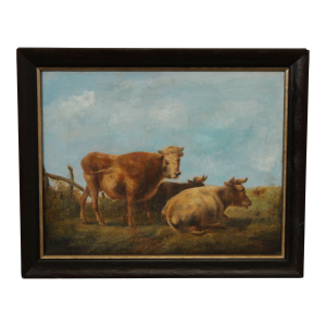 Antique European School Oil Painting, Cattle Grazing